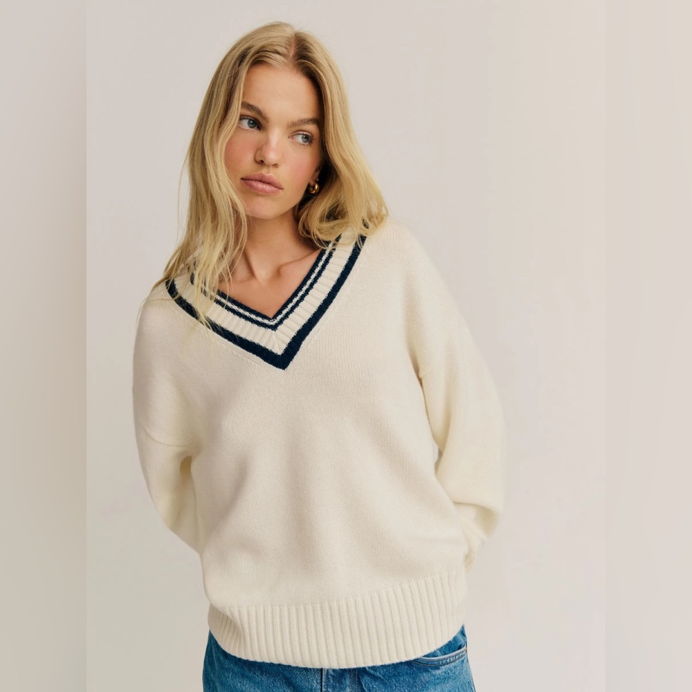 Reformation Cream V-Neck Sweater with Navy Stripe